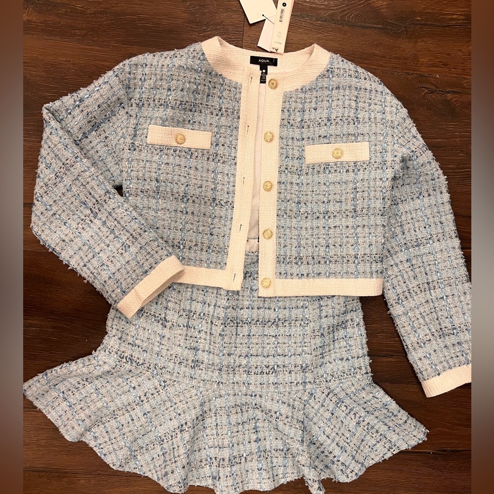 Aqua Light Blue Tweed Cropped Jacket with Cream Trim